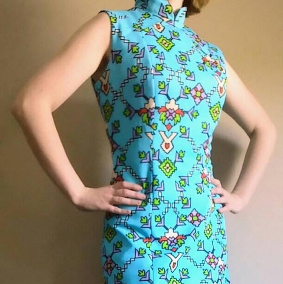 60's Cheongsam Turquoise Aztec Designer Dress - Picture 4 of 9